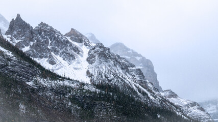 Detail on mountain peaks during snowstorm, shot at Lake Louise, Banff National Park, Alberta, Canada