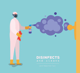Man spraying with protective suit gloves and bottle vector design