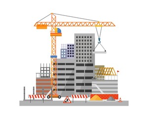 City construction process on white background vector illustration. Building object with crane stacking concrete slab cartoon flat style design. Construction work sign and building materials