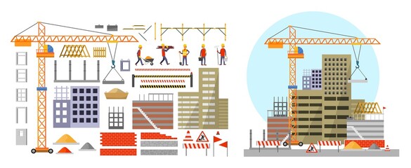 Construction elements and building process vector illustration. Crane with concrete slab window block doorway bricks barrier signs and builders flat cartoon style design. Isolated on white