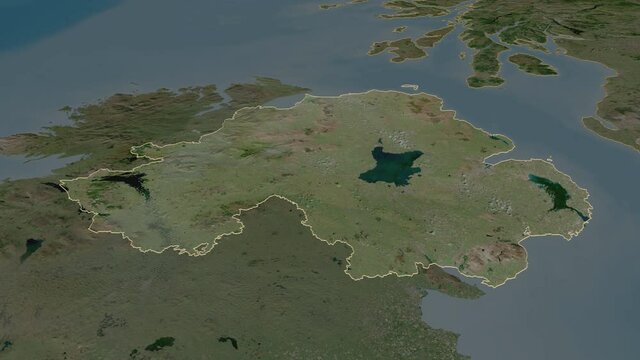 Northern Ireland, region with its capital, zoomed and extruded on the satellite map of United Kingdom in the conformal Stereographic projection. Animation 3D