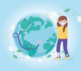 girl with medical mask and healthy world stethoscope, save the planet protection against coronavirus covid 19, protect nature and ecology concept