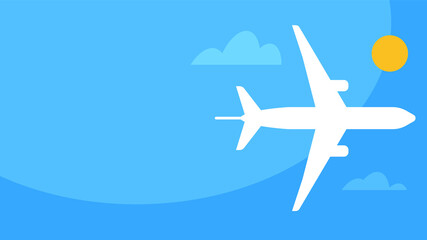 Plane in the sky. Abstract sky with clouds and a flying plane. Vector illustration with copy of space.