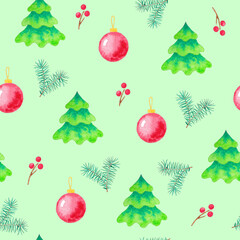 Christmas seamless pattern, watercolor on green background 