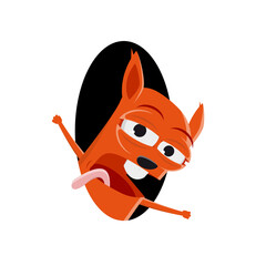 funny vector illustration of a tired cartoon squirrel looking out of a hole
