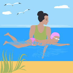 Obraz na płótnie Canvas Woman teaches a child to swim - sea, seagull, shore - vector. Caring for children. Mental health