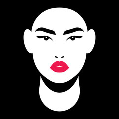 Abstract female portrait. Black background. Beautiful woman face. Front view, sunglasses, sexy red lips, fashion, style, feminism, women rights. Vector illustration.