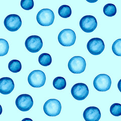 Water drops background, watercolor blue balls on blue background , seamless pattern 