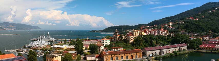 Naklejka na ściany i meble Panoramic aerial view of seaport. Spezia. Ligurian Sea. Italy.