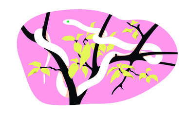 White snake on the tree. The tree has yellow leaves. Pink backgound.