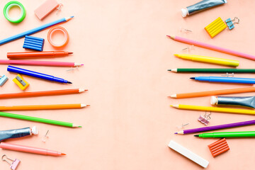 School stationery supplies, wide copy-space in the centre