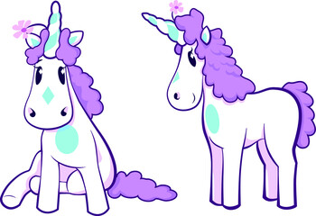 Funy and cute unicorn. Little cartoon character. Curly unicorn with little flower.