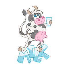 Happy cartoon smiling cow with a glass of milk