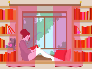 Girl is reading book at home. Little library with big window. Comfortable place with pillows. Stay at home