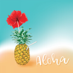 Pineapple has a sucker tube.The top is red hibiscus flower.the beach background.Minimal summer concept.