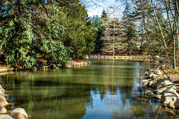 garden in the park, river view, evergreen, pine, stone banks.