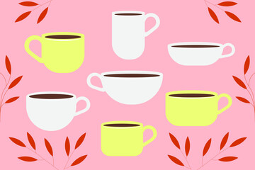 A set of cups of different shapes. Yellow cups, white cups. Framing leaves