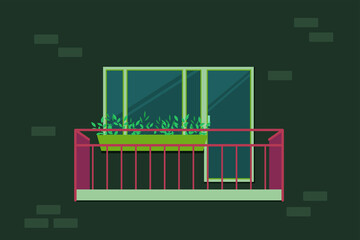 Open balcony with red bars. Plastic window and door. Outdoor flower bed. Brick wall.