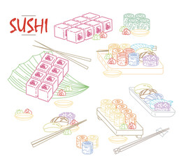 Isolated sushi icon set of different types of rolls with wasabi soy ginger. Delicious collection for restaurant and bar menu, booklets or prints