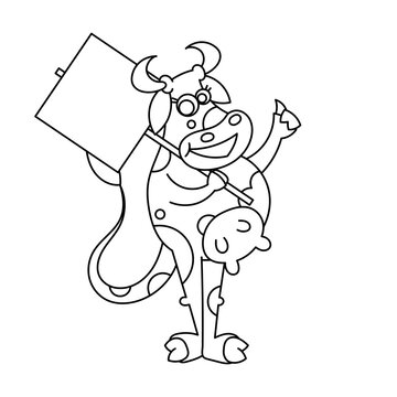 Happy cartoon smiling cow with poster sign on a stick and like