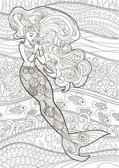 Coloring page for adults with mermaid and complex background in zentangle style  - 354753023