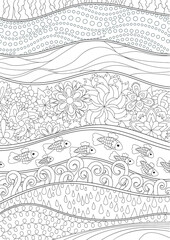 Adult antistress coloring page with abstract sea background.