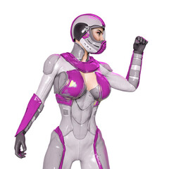 comic woman in a sci fi outfit looking to the side