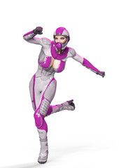comic woman in a sci fi outfit running