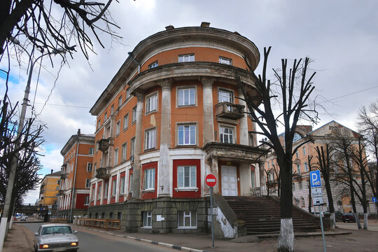 TVER, RUSSIA - MARCH 23, 2020: City centre. Old building on the embankment of Stepan Razin