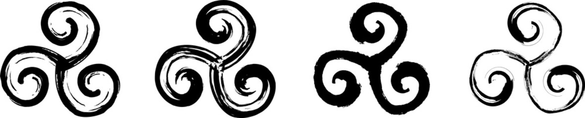 Set of the triskelion symbol isolated on transparent background. Triple spiral with rotational symmetry. Black symbol for your design. Vector illustration symbols in grung style.