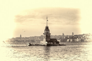 Maiden's Tower (Kiz Kulesi) at Bosphorus, Istanbul. One of the symbols of Istanbul. Retro Effect 