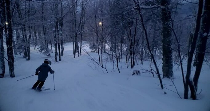 Skiing Though Woods, Bolton Valley Ski Slope, Vermont, Aerial Drone