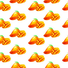 Watercolor seamless pattern of orange mango isolated on a white background.