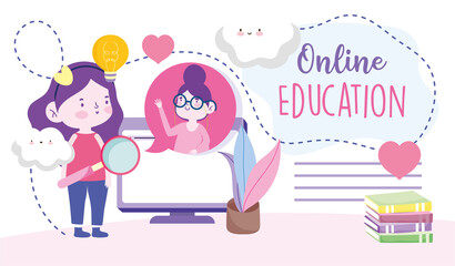 online education, teacher and student girl computer magnifier books, website and mobile training courses