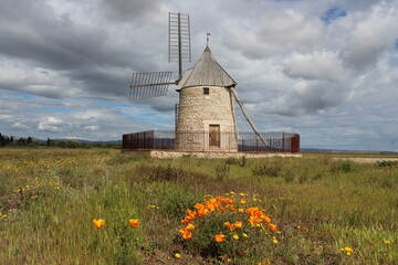 Moulin de Claira, a fully restored windmill located near Claira, Pyrénées-Orientales Department,...