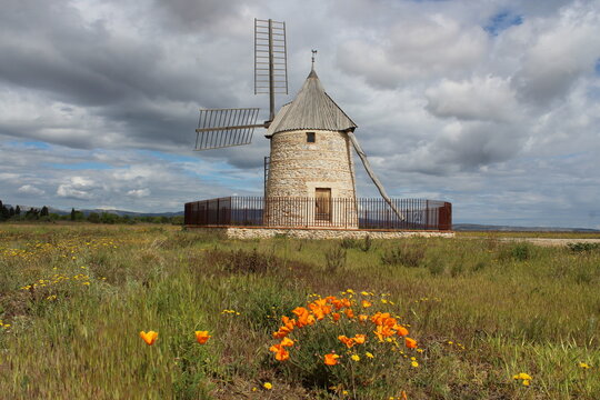 Moulin de Claira, a fully restored windmill located near Claira, Pyrénées-Orientales Department, southern France