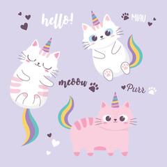 cute cats rainbow and horns adorable cartoon animal funny character