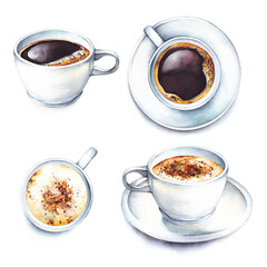 Isolated watercolor illustration coffee in a white porcelain cups. Watercolor food collection