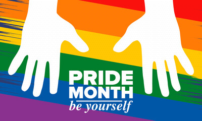 Obraz premium LGBT Pride Month in June. Lesbian Gay Bisexual Transgender. Celebrated annual. LGBT flag. Rainbow love concept. Human rights and tolerance. Poster, card, banner and background. Vector ilustration