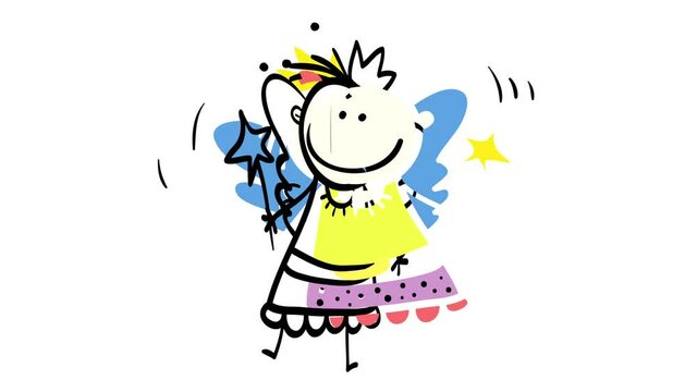 funny little girl dressed up as an angel wearing a crown a star wand and wings over a colorful dress with movement suggesting she is eccentric