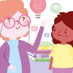 online education, teacher and student girl and stack of book, website and mobile training courses