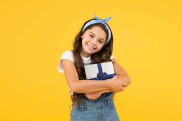 Thank you. Celebrate birthday. Kid birthday gift. Extra bonus. Grateful for good gift. Surprise and present box. Child smiling happy hold gift box. Kid girl delighted gift. Unexpected surprise