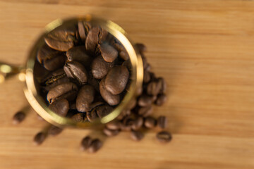 Under the lens, blurred background indented from above for the article increased grain in the corner