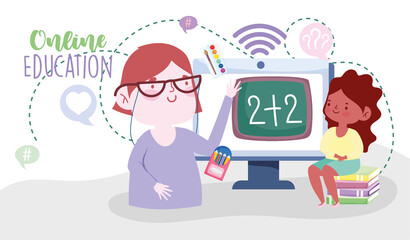 online education, teacher explaining mathematics to the student, website and mobile training courses