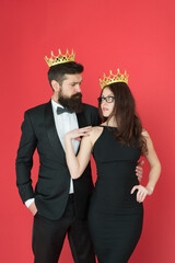 Crown as recognition. Proud couple wear crowns. Crown jewels. Business partners. Leadership and motivation. Big boss. Beauty queen. Prom party. Selfish egoists. Superior pride. No cross no crown