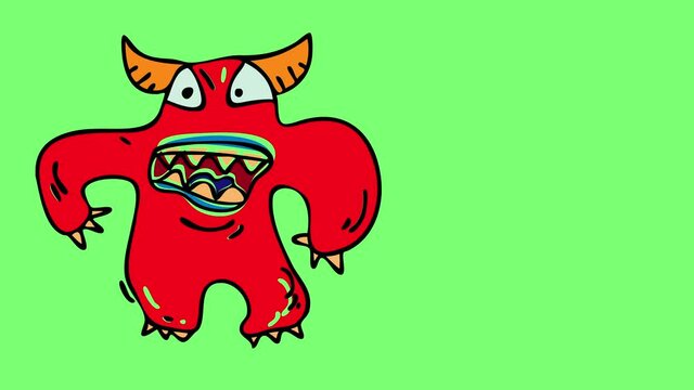 bulky red devil with the appearance of a monster with huge yellow fangs and claws in a position that suggests he is ready to attack anything he finds