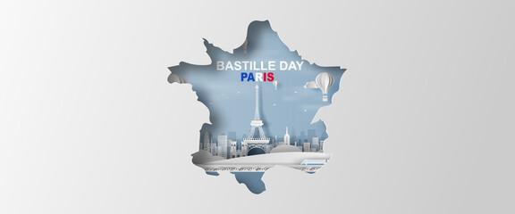 Happy Bastille Day. French National Day poster and banner concept. Paper craft and cut style of map French Traveling holiday landmarks Eiffel tower Paris city. Festival season.Vacation party