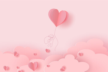 Fototapeta na wymiar Heart flying balloon with drawing Santa Claus on pink background. Vector love postcard for Happy Valentine Day or Merry Christmas greeting card design. Paper flying elements of love shape of heart