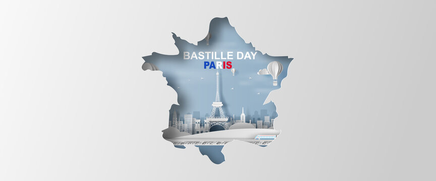 Happy Bastille Day. French National Day poster and banner concept. Paper craft and cut style of map French Traveling holiday landmarks Eiffel tower Paris city. Festival season.Vacation party