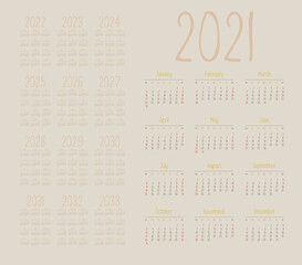 Pastel english calendar for years 2021-2033, week starts on Sunday